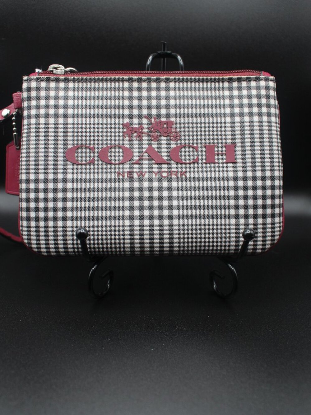 Coach Black White Plaid Wristlet with Burgundy Trim 0062